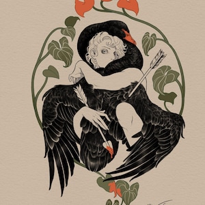 May include: A black swan with a human figure wrapped around its neck. The swan is pierced by two arrows, one in the wing and one in the neck. The figure has a worried expression. The background is a light beige with green vines and red flowers.