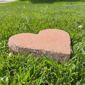 Puede incluir: Un adoquín en forma de corazón, de color marrón rojizo, descansa en un lecho de hierba verde vibrante. El adoquín tiene una superficie texturizada y está rodeado de hojas de hierba, creando un entorno natural al aire libre. La forma de corazón está claramente definida.