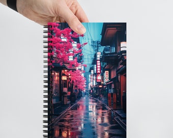 Shinjuku Japan Notebook Retrowave Vaporwave Cyberpunk Neon Cherry Blossoms Notepad Back to School Supplies