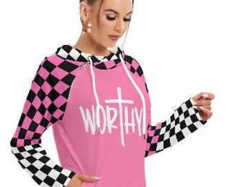Women's Checkered "Worthy" Hoodie, religious hoodie, faith hoodie, Christian hoodie, spiritual hoodie Pink