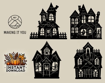 May include: Four black silhouette designs of haunted houses with various architectural details, including windows, doors, and gables. The designs are perfect for Halloween crafts and decorations.