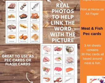 Food PEC Cards - Real Photos - Meat & fish- Now and Next Board - Autism - Therapy - Visual Aid - Flash Cards - Eating - Meal - School