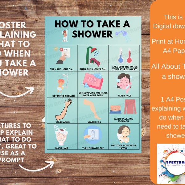 Shower poster - Visual aid - Autism - How Too - toddler - kindergarten - Learning chart - Educational poster - step by step routine - wash