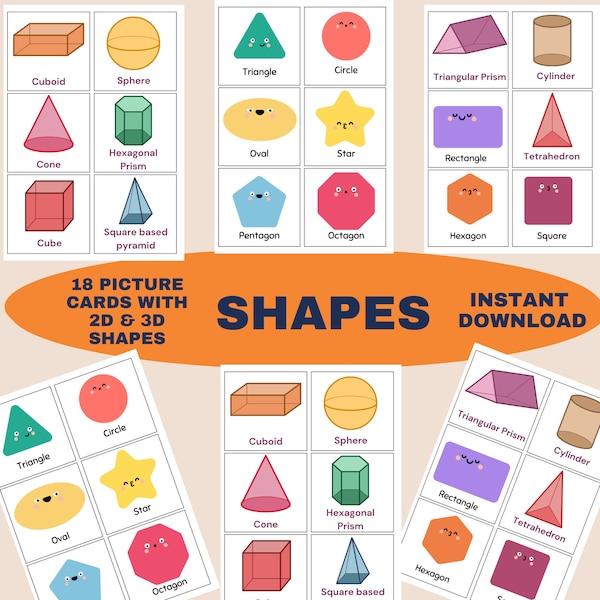Shape flash cards - 3D - 2D- educational cards - Printable PEC Cards - Geometric shapes - Activity Cards - School - Nursery - Rainbow colour