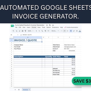 Könnte beinhalten: Eine automatisierte Google Sheets Rechnungsgenerator-Vorlage mit einer Tabellenkalkulationsoberfläche, die Felder für Firmenname, Kundendaten, Rechnungsnummer, Datum, Beschreibung, Menge, Einzelpreis und Gesamtsummen enthält, mit dem Text AUTOMATED GOOGLE SHEETS INVOICE GENERATOR.