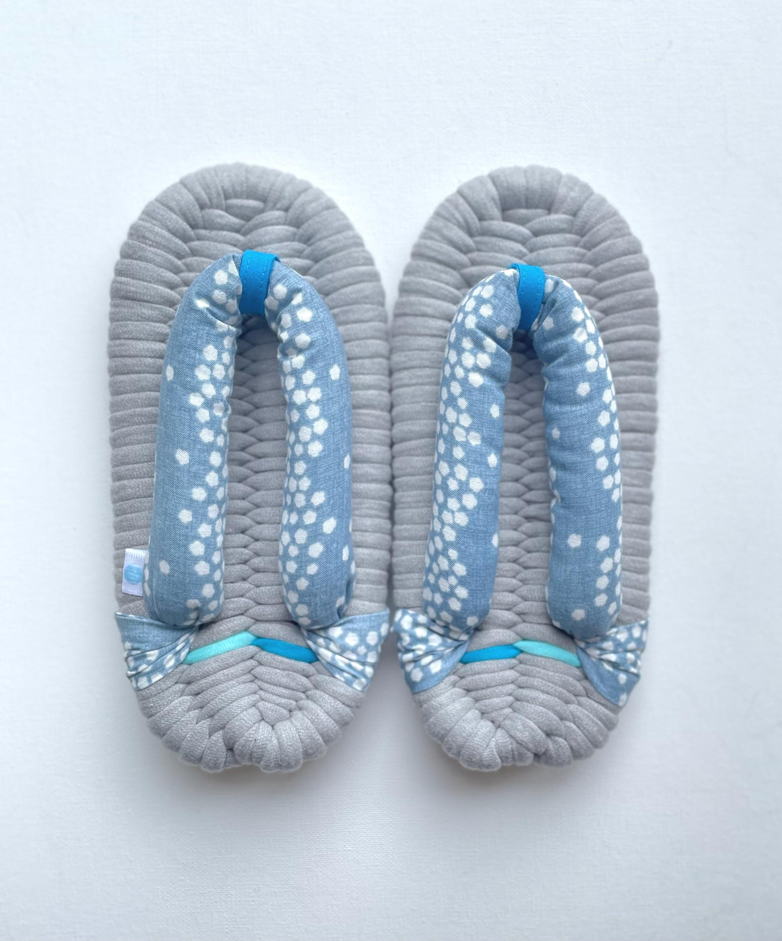 Fab-Zori (Japanese-style slippers) Size:S/M (approx.UK3-5.5), Gray Zōri with Indigo-Dot Straps & Aqua Blue Accent,  Handcrafted Quality