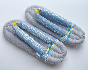 Fab-Zori (Japanese-style slippers) Size:XL (approx.UK8.5-11), Gray Zōri with Indigo-Dot Straps & Yellow-Blue Accent,  Handcrafted Quality