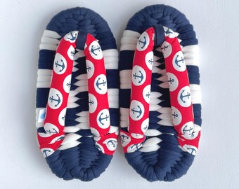 Fab-Zori (Japanese-style house slippers) Size:S/ M (approx.UK3.5 - UK6) Playful Take on Nautical Style, Indoor Footwear, Handcrafted Quality