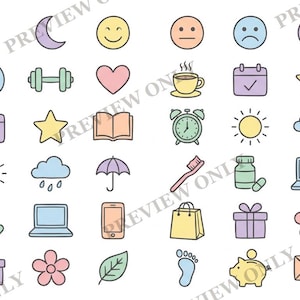May include: A collection of pastel-colored icons arranged in a grid, featuring symbols such as checkmarks, water droplets, crescent moons, smiley faces, hearts, coffee cups, calendars, stars, books, alarm clocks, suns, clouds, umbrellas, toothbrushes, pill bottles, laptops, phones, shopping bags, gift boxes, flowers, leaves, footprints, piggy banks, envelopes, and paperclips.