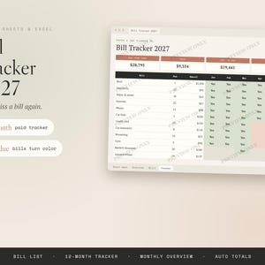 Puede incluir: Una plantilla de hoja de cálculo digital Bill Tracker 2027 para Google Sheets y Excel. La interfaz muestra un calendario de pagos de 12 meses con columnas para nombres de facturas, fechas de vencimiento, importes y casillas de verificación.