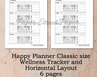 May include: Two white planner pages with a wellness tracker layout. Each day has space for mood, water intake, and other icons. The text reads "Happy Planner Classic size Wellness Tracker and Horizontal Layout 6 pages."