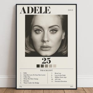 Adele 25 Album Tracklist Poster, Music Wall Art, Black White Fan Gift Print