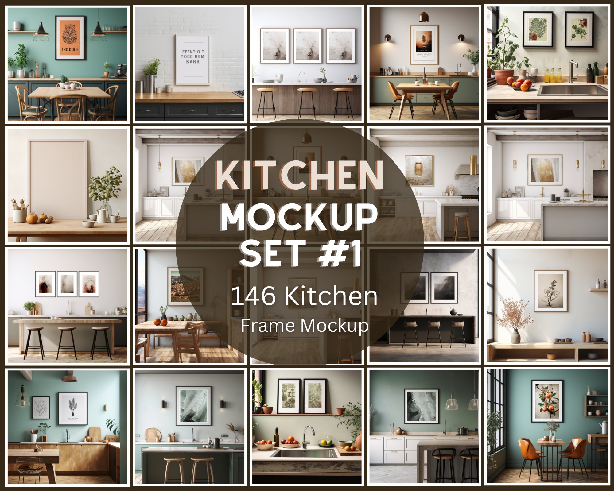 Warm And Cozy Kitchen Interior With Mock Up Poster Frame Wooden Kitchen  Island Barstool Fridge White Kitchen Furniture Gray Pitcher Salt Cellar And Kitchen  Accessories Home Decor Template Stock Photo - Download