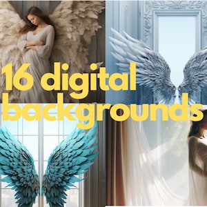 16 fundos digitais, gotas digitais de asas de anjo, sobreposições de cenário de maternidade, cenários de estúdio, texturas de belas artes do Photoshop