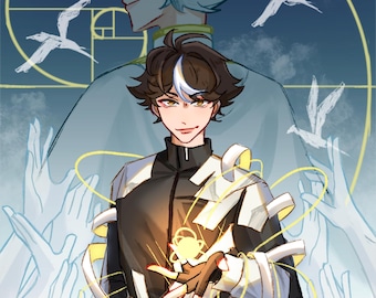 May include: Digital illustration of two male figures. The foreground figure wears a black and white outfit with a gold belt. The background figure has light blue hair. The artwork includes stylized hands, birds, and a golden spiral.