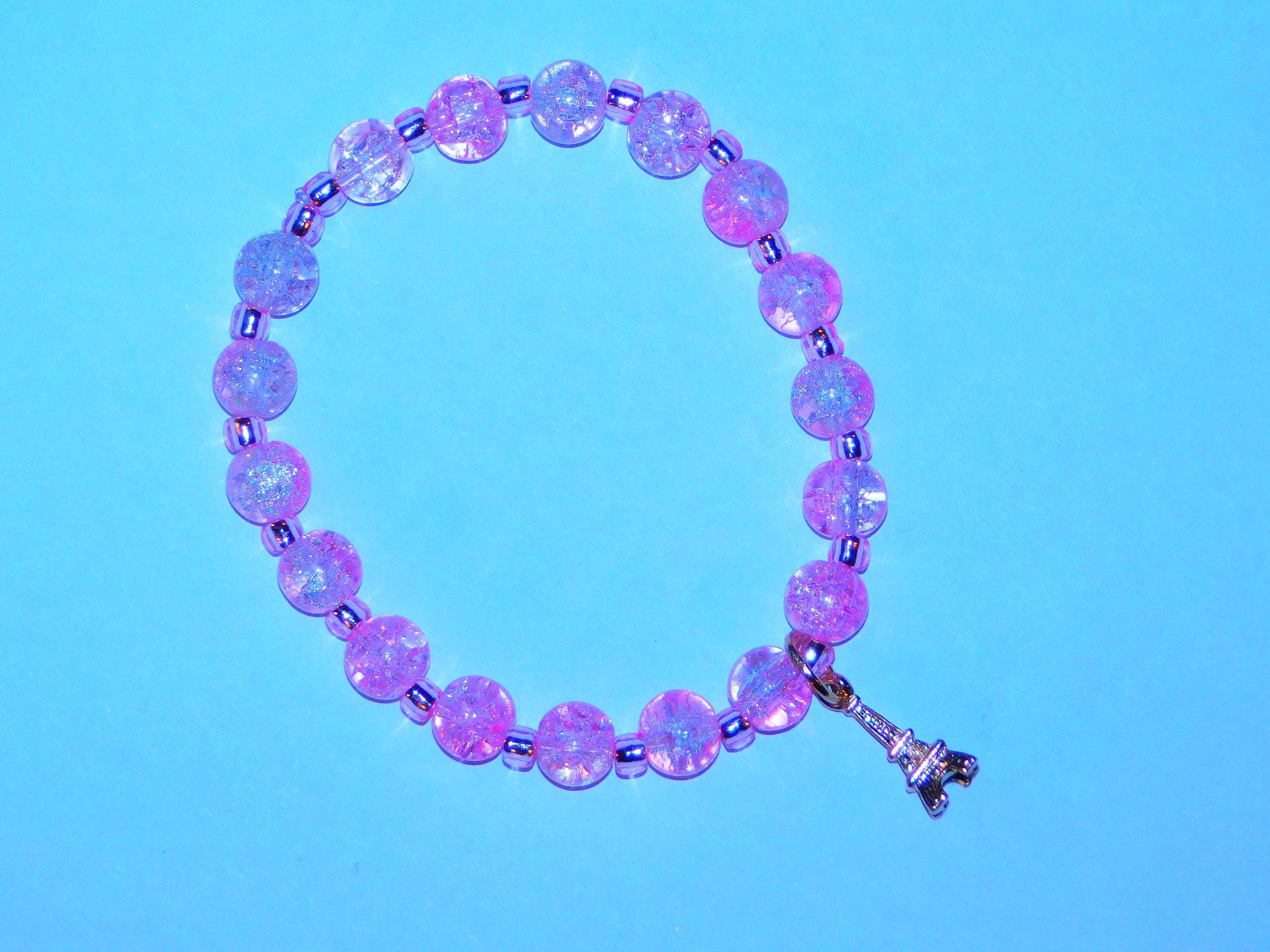 Rhinestone and Bead Pink Wrap Bracelet with Eiffel Tower Charm Betsy Johnson Beaded Charm Bracelet, Paris Efiel Tower Charm  main image 2
