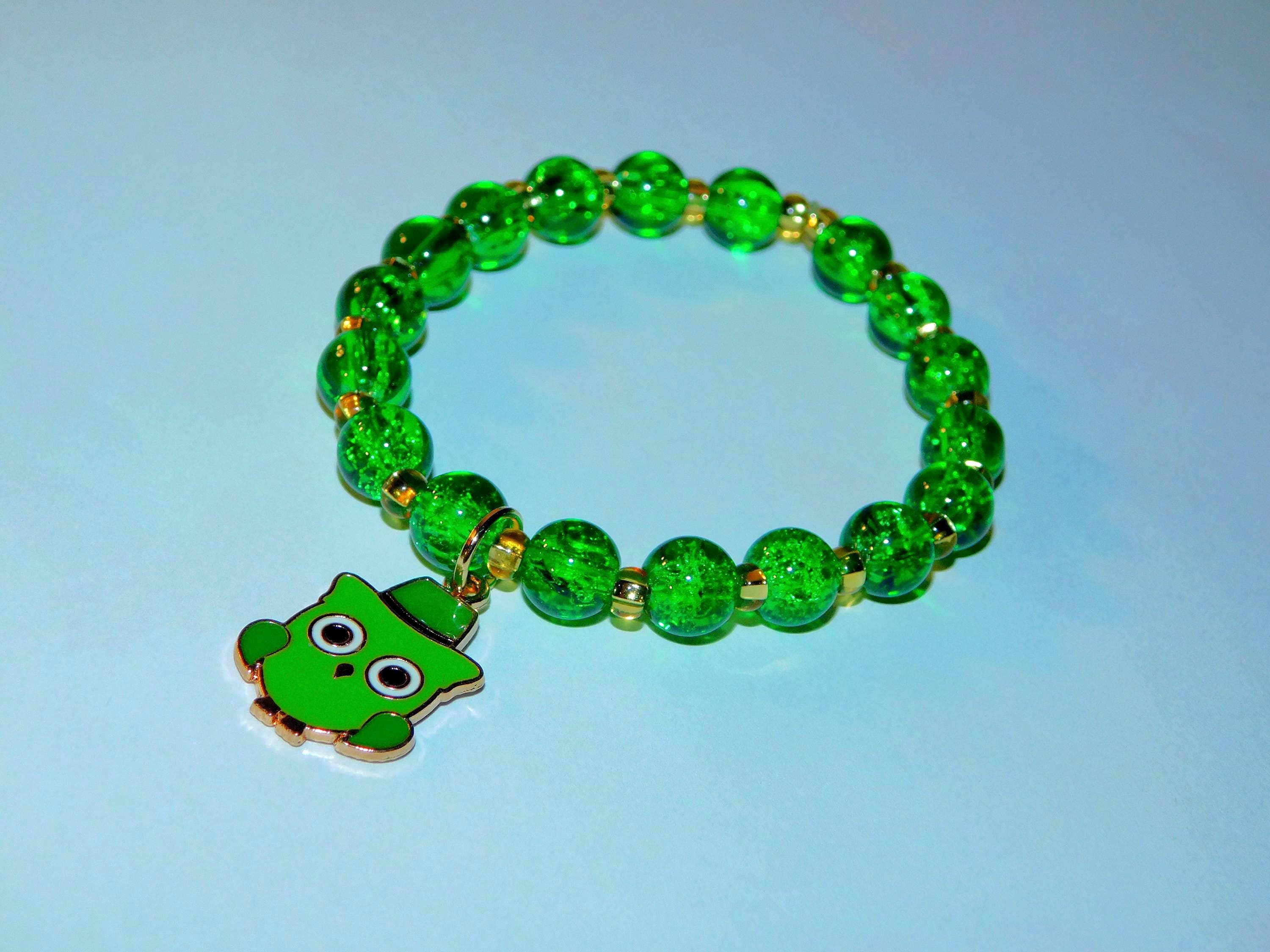 Green Crackled Glass Owl Charm Bracelet