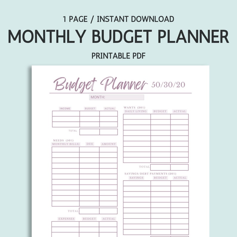 Color Monthly Budget Planner Printable PDF 50/30/20 Budget - Etsy