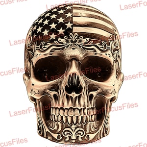 Laser Cut File | 3D Illusion | Laser Burn PNG | Laser Engrave File | Laser Digital Design File | American Skull | Patriotic | American | USA