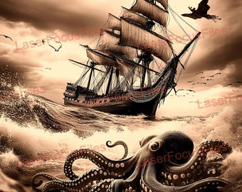 PNG quemado con láser / Ilusión 3D / Archivo cortado con láser / Archivo grabado con láser / Archivo de diseño digital con láser / Barco pirata y pulpo / Marina / Océano