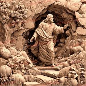 May include: A detailed relief sculpture depicting a biblical scene. The artwork features a central figure in flowing robes emerging from a cave, with surrounding natural elements like trees, rocks, and vegetation. The color palette is monochromatic.