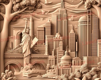Pode incluir: Uma escultura em madeira 3D do horizonte da cidade de Nova Iorque, apresentando a Estátua da Liberdade, o Empire State Building e outros marcos icônicos. A escultura é detalhada e realista, com uma superfície texturizada que lhe confere um efeito tridimensional.
