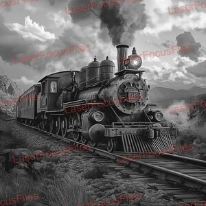 May include: A black and white photograph of a vintage steam locomotive train traveling through a mountainous landscape. The train is made up of a large engine with a number "1491" on the side and several passenger cars. The train is moving along a set of tracks that are surrounded by rocks and vegetation. The sky is cloudy and there is smoke coming from the engine.