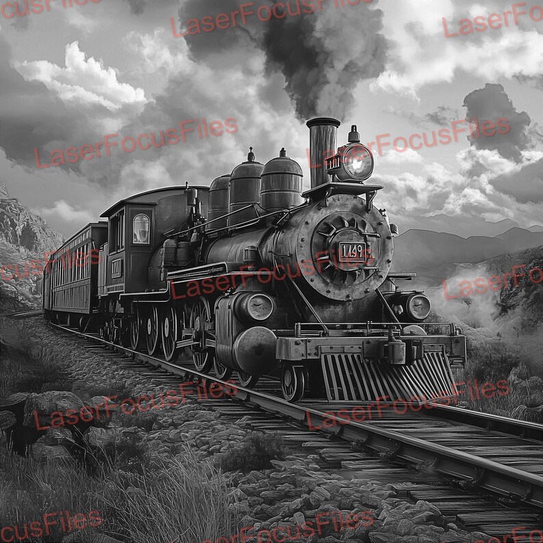 May include: A black and white photograph of a vintage steam locomotive train traveling through a mountainous landscape. The train is made up of a large engine with a number "1491" on the side and several passenger cars. The train is moving along a set of tracks that are surrounded by rocks and vegetation. The sky is cloudy and there is smoke coming from the engine.