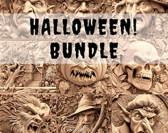 May include: A Halloween-themed bundle featuring carved relief images of classic spooky characters and scenes. The images include a witch, Frankenstein's monster, a skull, a werewolf, a wizard, and a pumpkin. The text "HALLOWEEN! BUNDLE" is displayed across the center.