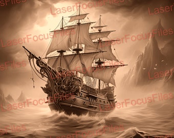 PNG quemado con láser / Ilusión 3D / Archivo cortado con láser / Archivo grabado con láser / Archivo de diseño digital con láser / Barco pirata / Barco pirata en tormenta