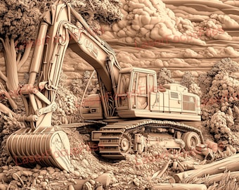 May include: A large, brown excavator is clearing a wooded area. The excavator has a large metal arm with a bucket attached to the end. The excavator is surrounded by trees and logs. The background is a cloudy sky.