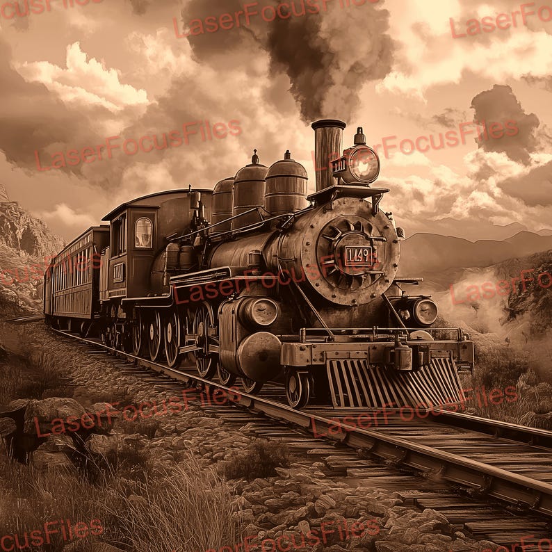 May include: A vintage steam locomotive train with a number "1449" on the front, pulling a line of passenger cars along a track in a sepia-toned landscape.