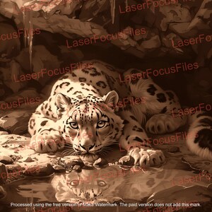 Laser Cut File | 3D Illusion | Laser Burn PNG | Laser Engrave File | Laser Digital Design File | Snow Leopard | Cave | Puddle | Arctic