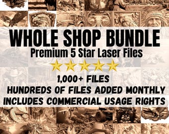 May include: A collage of images showcasing a variety of laser cut designs, including animals, religious figures, and landscapes. The text "WHOLE SHOP BUNDLE" is displayed in large, bold letters, along with the phrase "Premium 5 Star Laser Files". Five gold stars are shown below the text, followed by the text "1,000+ FILES". The text "HUNDREDS OF FILES ADDED MONTHLY" and "INCLUDES COMMERCIAL USAGE RIGHTS" are also displayed.