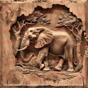 May include: A detailed wood carving of an elephant standing in a forest setting. The elephant is carved in a realistic style, with intricate details on its trunk, tusks, and skin. The forest background is also carved with detail, including trees and leaves.