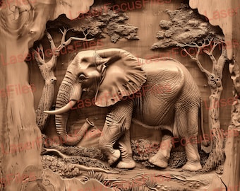 May include: A detailed wood carving of an elephant standing in a forest setting. The elephant is carved in a realistic style, with intricate details on its trunk, tusks, and skin. The forest background is also carved with detail, including trees and leaves.