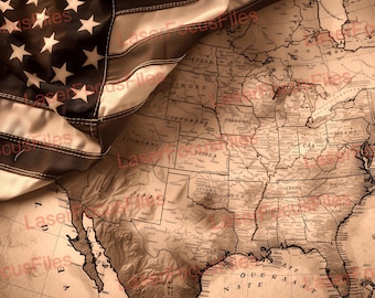 3D Illusion | Laser Burn PNG | Laser Cut File | Laser Engrave File | Laser Digital Design File | Map Covered with American Flag | Patriotic