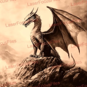 Laser Cut File | 3D Illusion | Laser Burn PNG | Laser Engrave File | Laser Digital Design File | Dragon on a Rock | Intimidating Dragon