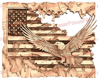 Laser Burn PNG | 3D Illusion | Laser Cut File | Laser Engrave File | Laser Digital Design File | American Flag | Bald Eagle | Map | USA