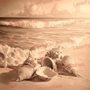 Laserbränning PNG | 3D-illusion | Laserskuren fil | Lasergraveringsfil | Digital laserdesignfil | Snäckor på en strand | Familjesemester | Vågor