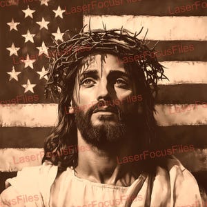 Laser Cut File | 3D Illusion | Laser Burn PNG | Laser Engrave File | Laser Digital Design File | Jesus with American Flag | Crown of Thorns
