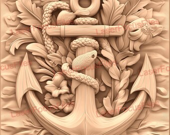 Ilusión 3D / PNG quemado con láser / Archivo cortado con láser / Archivo grabado con láser / Archivo de diseño digital láser / Ancla / Barco pirata / Mar / Océano / Agua