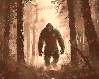 May include: A sepia-toned illustration of a large, hairy creature standing in a misty forest. The creature is facing forward with its arms at its sides. The forest is dense with tall trees and a thick layer of fog.