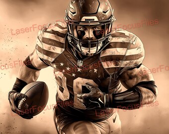 May include: A sepia-toned image of a football player running with the ball. He is wearing a brown and white jersey with stars and stripes, a helmet, and black gloves. The background is blurred and has a grainy texture.