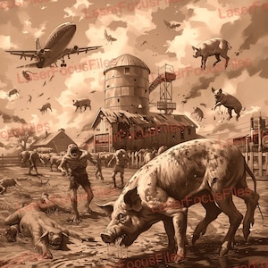 Laser Engrave File | Laser Burn PNG | 3D Illusion | Laser Cut File | Laser Digital Design File | Zombie Pigs | Zombie Invasion | Dooms Day