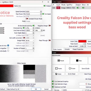 May include: A screenshot of a laser cutter software interface with settings for cutting basswood. The software shows the speed, power, and other settings for the laser cutter. The software also shows the laser cutter's status, which is currently disconnected.