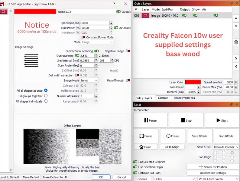 May include: A screenshot of a laser cutter software interface with settings for cutting basswood. The software shows the speed, power, and other settings for the laser cutter. The software also shows the laser cutter's status, which is currently disconnected.