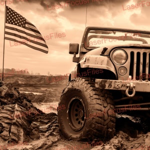 May include: A vintage Jeep with large off-road tires is stuck in mud. The Jeep is facing the right side of the image. An American flag is waving in the background.