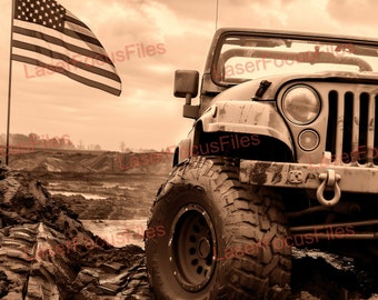 3D Illusion | Laser Burn PNG | Laser Cut File | Laser Engrave File | Laser Digital Design File | Jeep in Mud | Patriotic | Off roading | USA