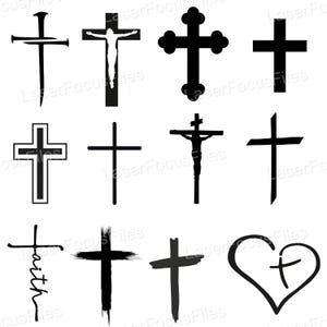 May include: A collection of various cross designs in black and white. The crosses vary in style, including a cross with the word "faith", a cross within a heart, and crosses with the figure of Jesus Christ.
